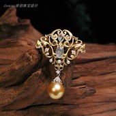 原创设计 18K金白冰翡翠钻石天然浓金南洋珠珍珠胸针复古欧式