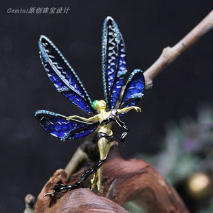 原创设计丨S925银镀金豆娘蜻蜓精灵分色珐琅胸针彩色锆石