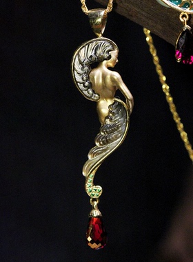 原创设计丨9K金镶嵌雀之灵人体双面吊坠新艺术风格珐琅贝母石榴石