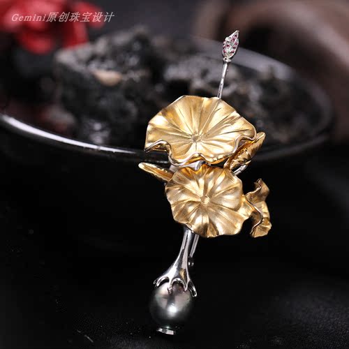 原创设计丨S925银镀金瓶中莲天然大溪地黑珍珠花瓶胸针新中式别针