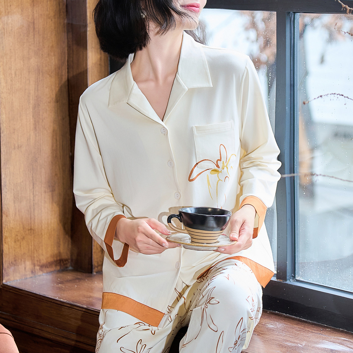 莫代尔棉睡衣女长袖长裤薄款家居服套装丝滑冰凉透气撞色兰花印花
