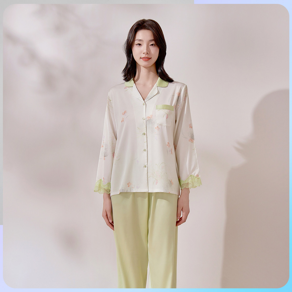 新凤舞缎面绸睡衣女士春秋长袖衬衫领印花顺滑家居服夏季套装