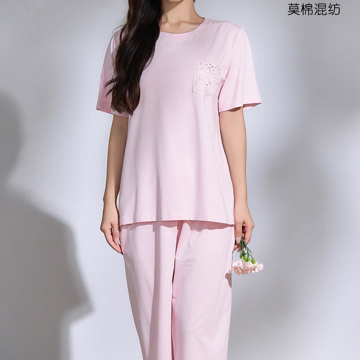 26年夏季睡衣女薄款套头家居服睡衣莫代尔棉舒适短袖7分裤女套装