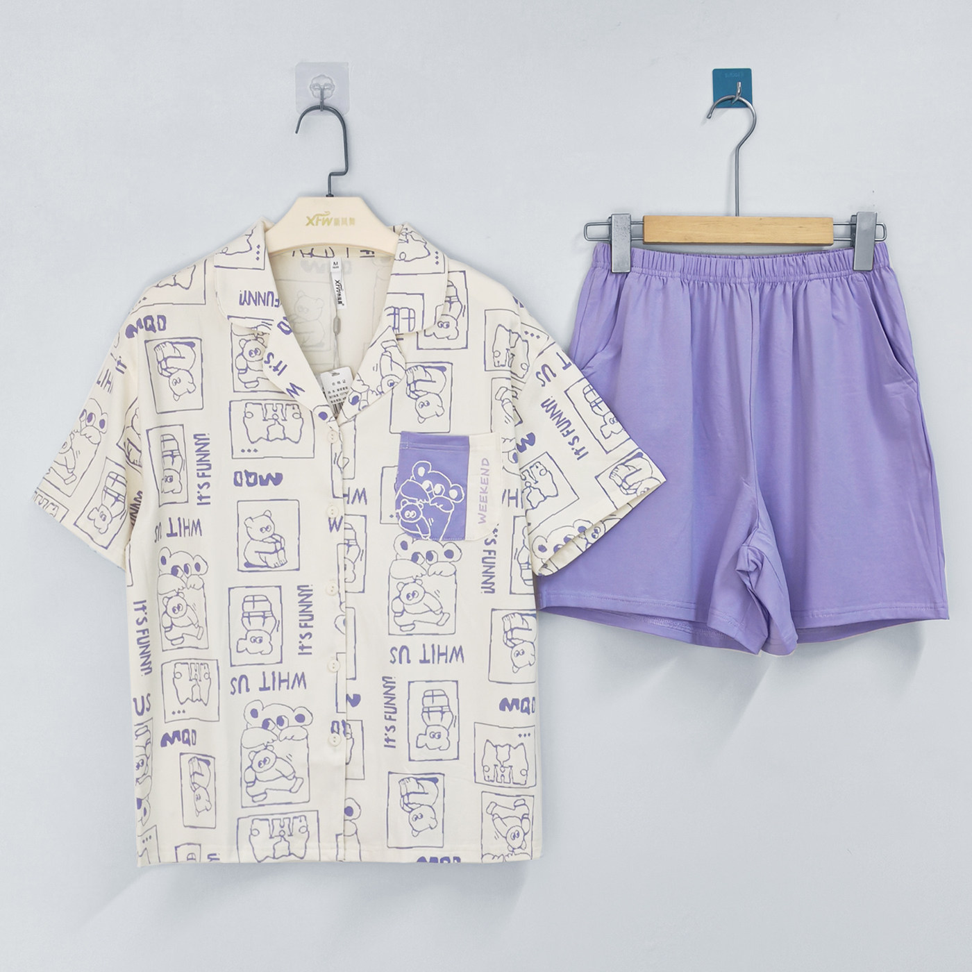 新凤舞夏季卡通小熊睡衣女短袖开衫翻领套装宽松可外穿少女家居服