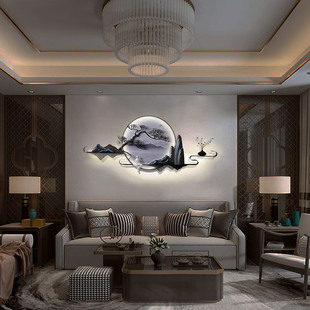 灯光立体新中式圆形墙面装饰玄关背景墙挂件客厅沙发墙上金属壁挂