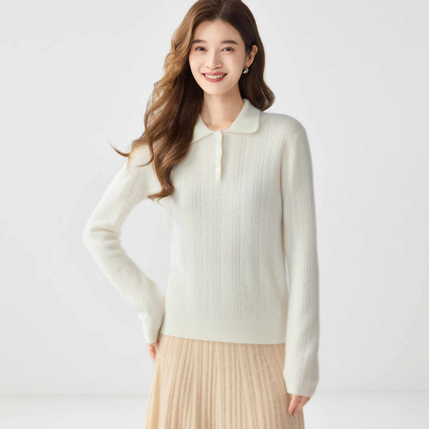 老钱风100%山羊绒POLO领女毛衣