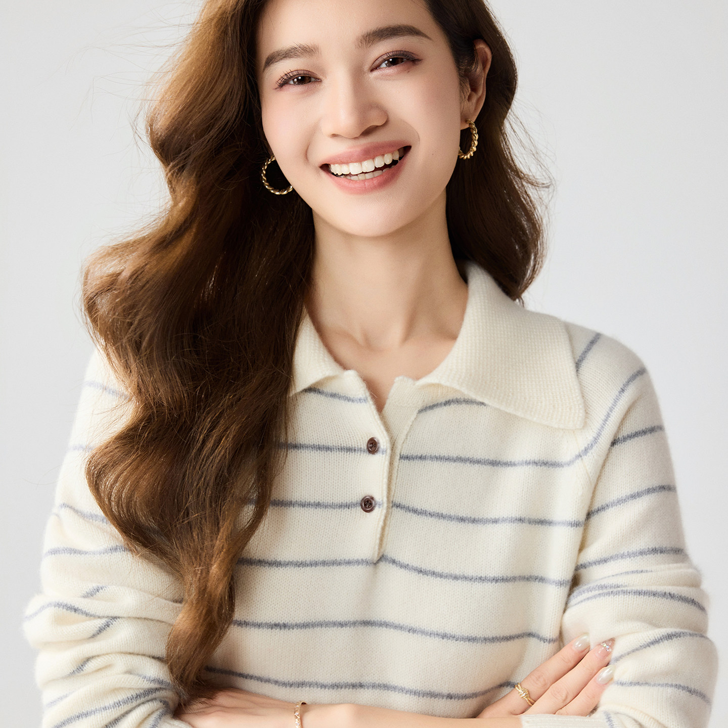纯羊绒POLO领条纹保暖女羊绒衫