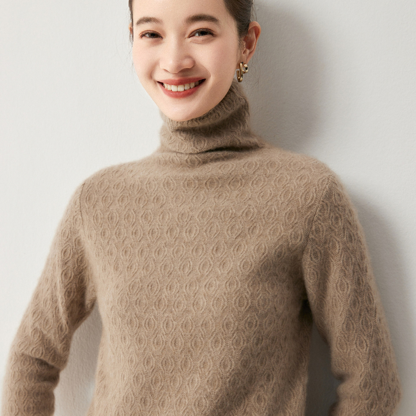 高领提花100%纯羊绒女款打底衫