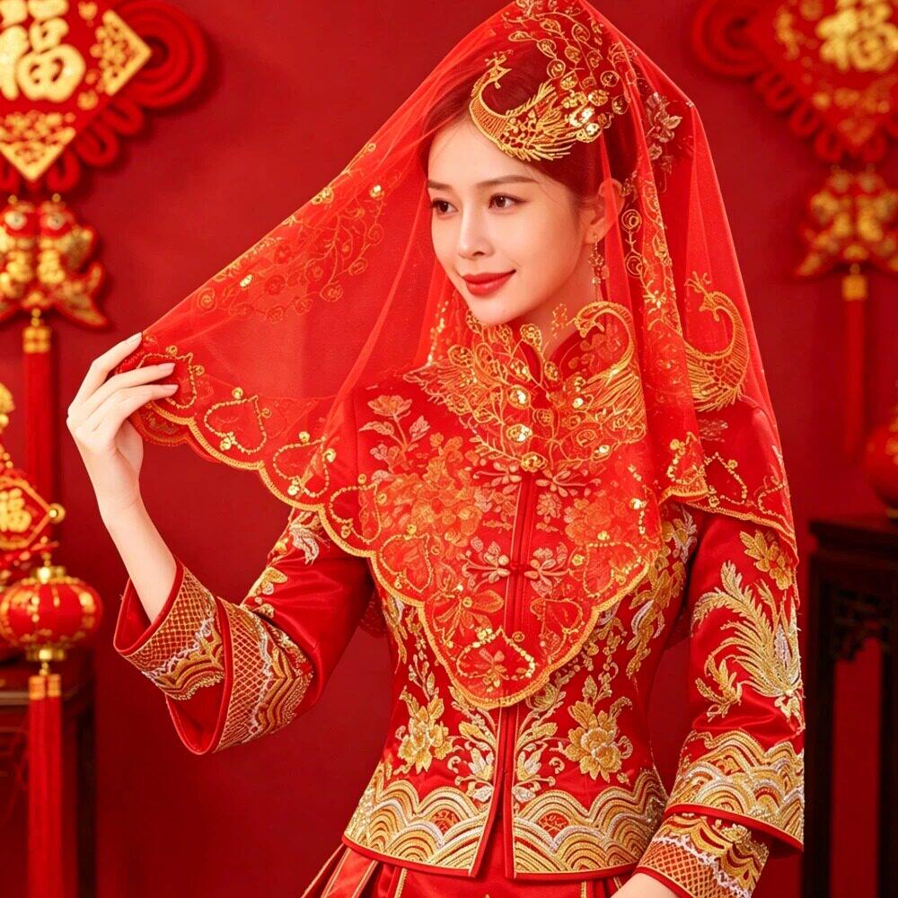 结婚红盖头新娘红色半透明网纱图片