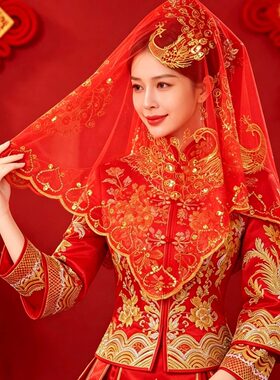 结婚红盖头新娘红色半透明网纱