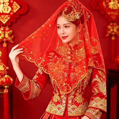 结婚红盖头新娘红色半透明网纱