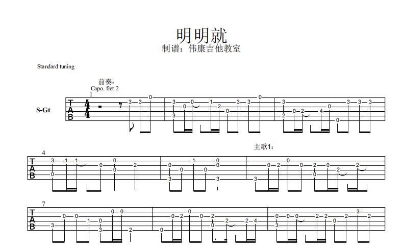 《明明就》 指弹 吉他谱【伟康吉他教室】