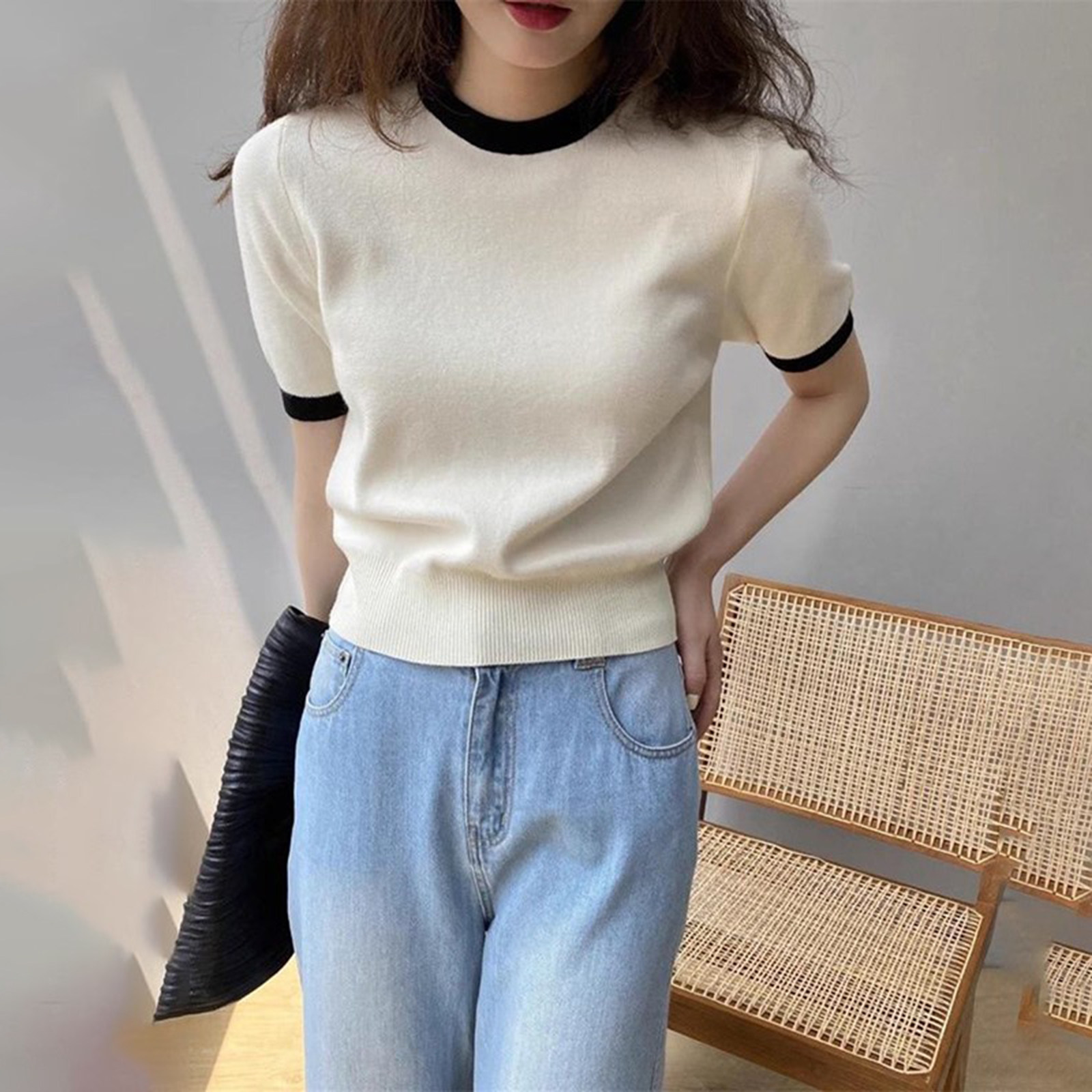 撞色短袖针织衫女2024春秋薄款修身洋气减龄打底衫T恤短款上衣