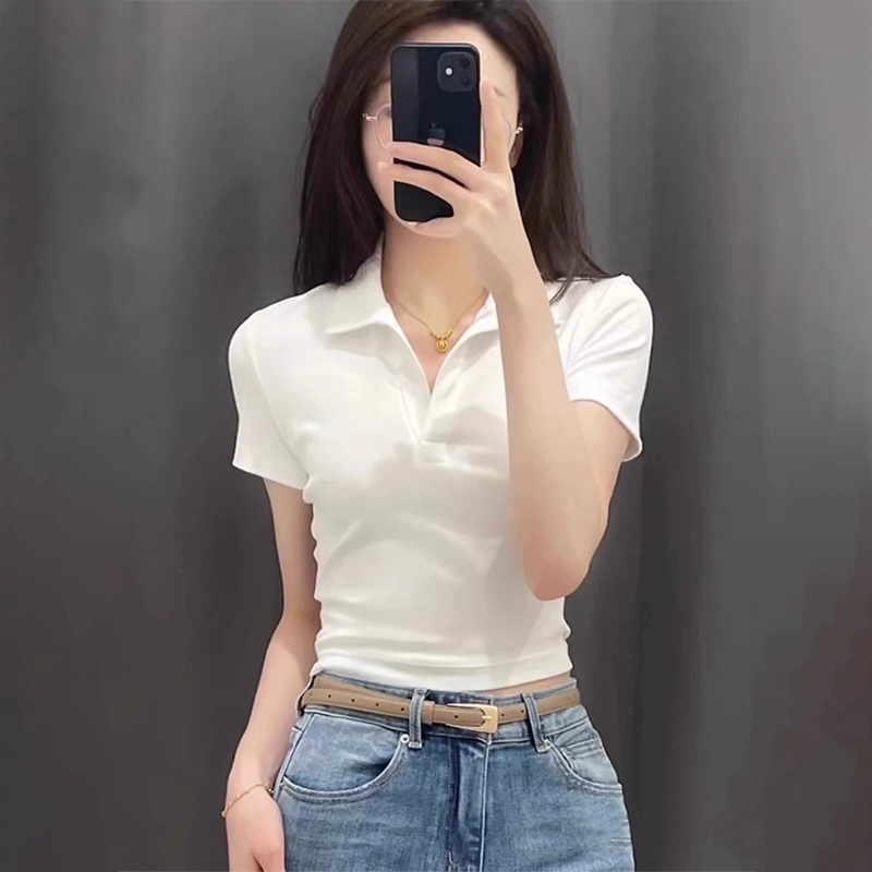 白色短袖t恤女2026夏季新款甜辣妹polo翻领体恤修身正肩短款上衣