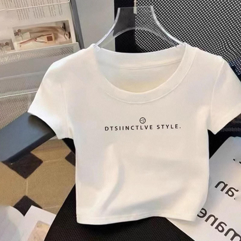 白色正肩纯棉短袖t恤女夏季新款修身辣妹小衫显瘦短款甜辣上衣