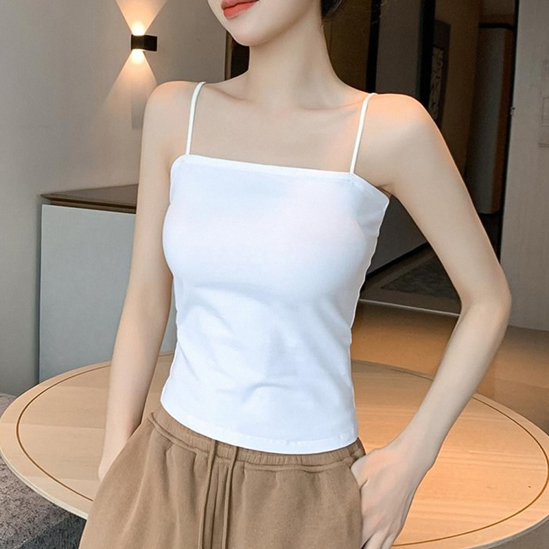 带胸垫纯棉吊带女西装内搭烟灰色修身打底衫一字文胸一体美背背心