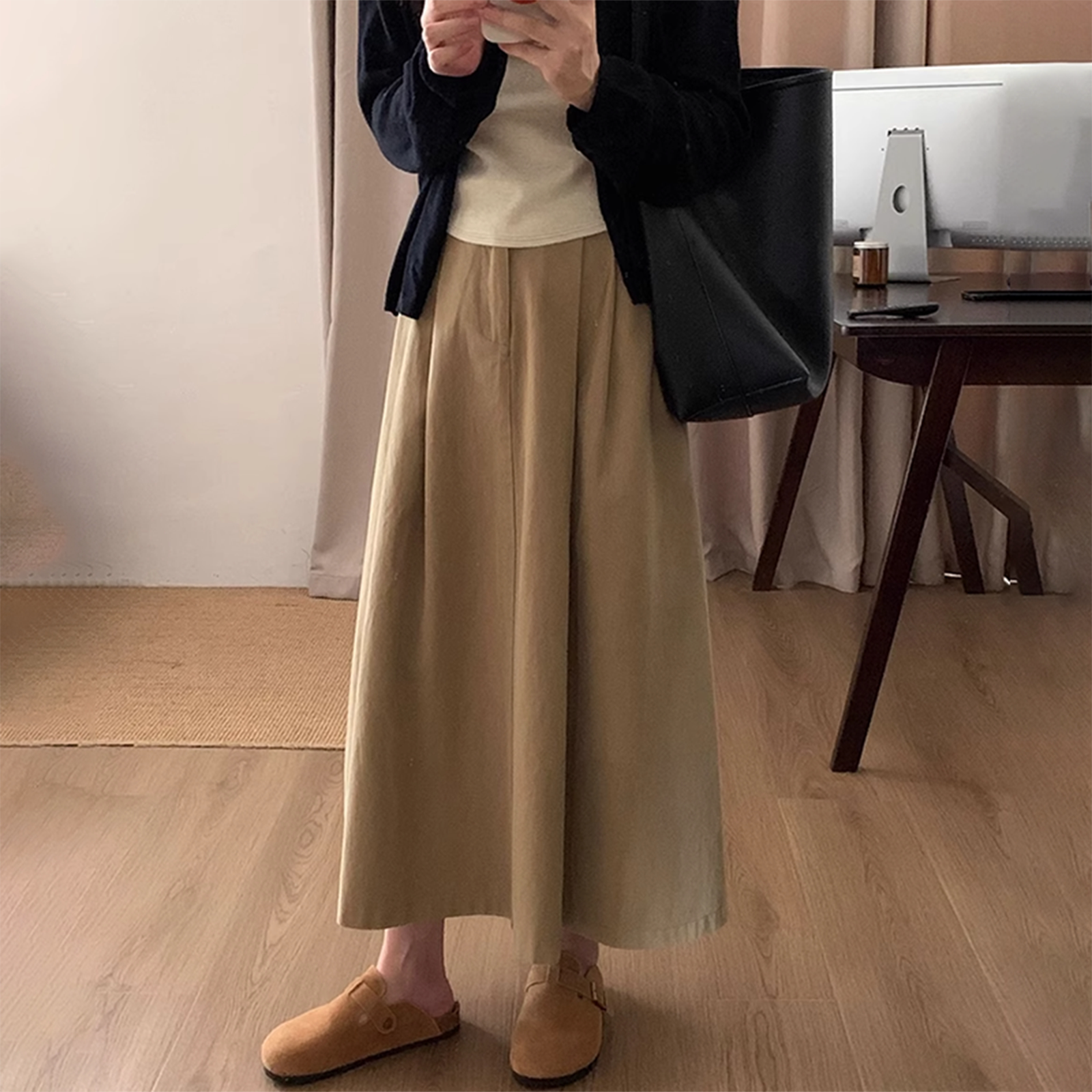 卡其色半身裙高腰显瘦大摆伞裙