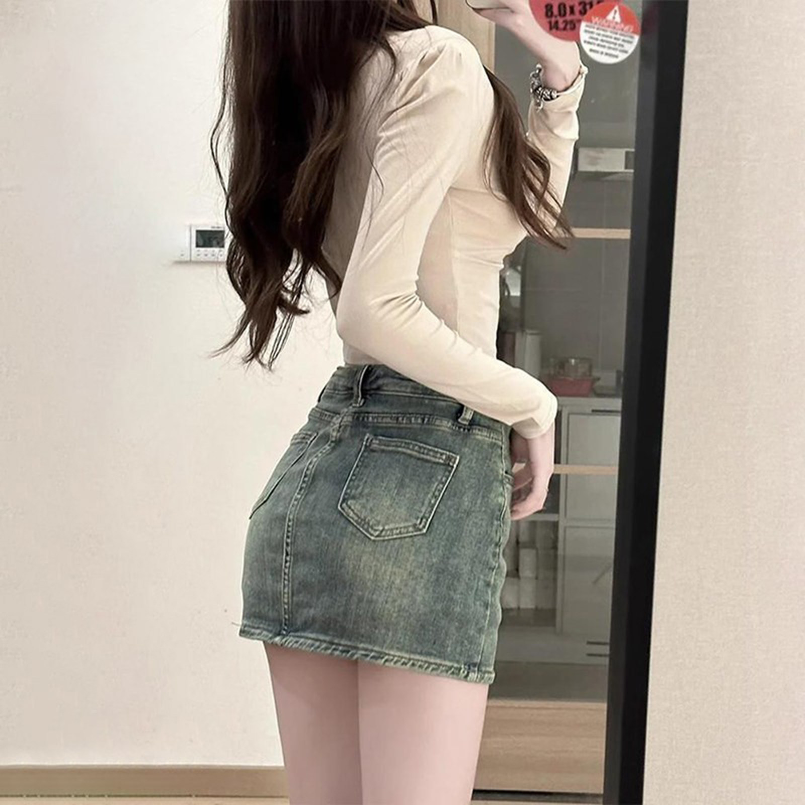 做旧复古牛仔半身裙包臀裙女春夏季高腰显瘦a字短裙防走光裙裤