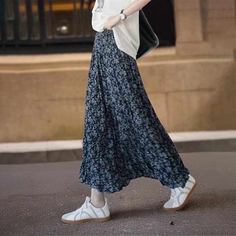 2025夏季复古碎花半身裙女新款高腰显瘦褶皱a字裙中长款百褶裙