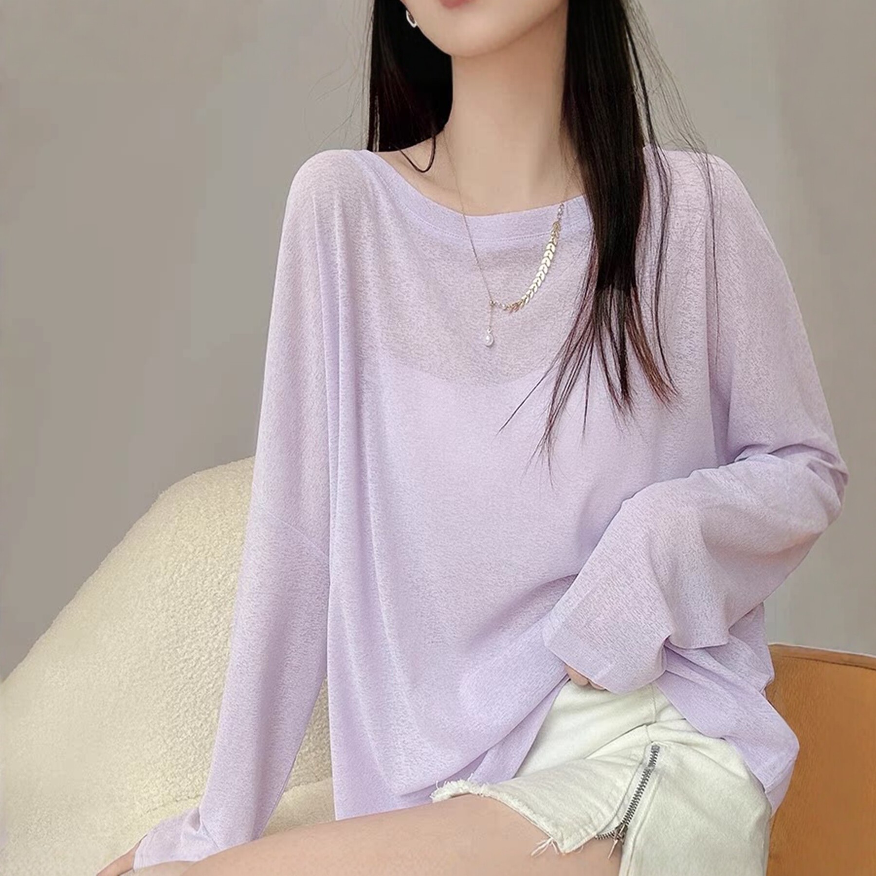 慵懒风冰丝针织防晒罩衫t恤女