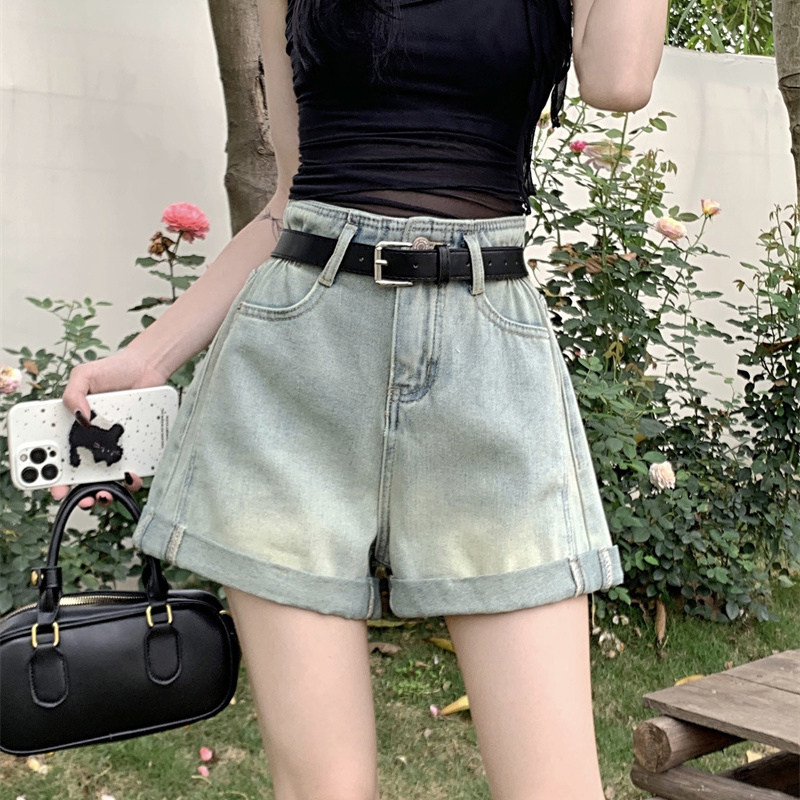 夏季浅蓝色牛仔短裤女士新款美式高腰显瘦a字热裤大码五分阔腿裤