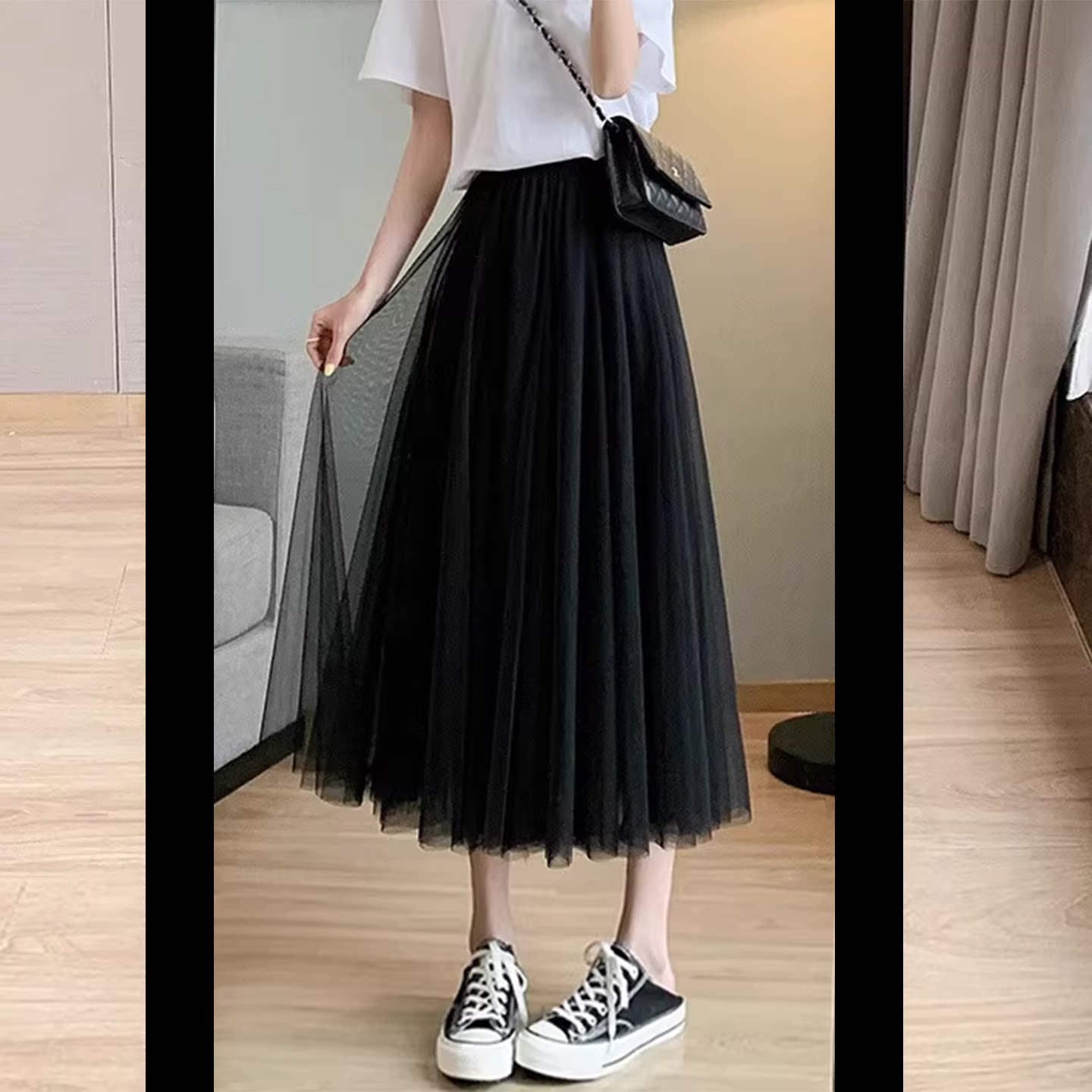 纱裙半身裙女夏季高腰垂感黑色网纱半裙a字裙松紧腰中长款裙子