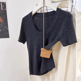 灰色U领正肩冰丝针织短袖t恤女夏季薄款宽松小个子短款体恤上衣