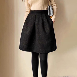 黑色毛呢半身裙女秋冬洋气新款设计感亮丝花苞裙高级气质a字中裙