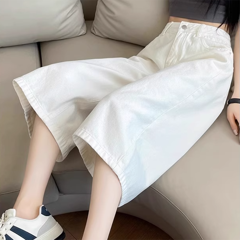 白色七分裤女牛仔裤夏季薄款高腰直筒宽松小个子休闲百搭阔腿中裤