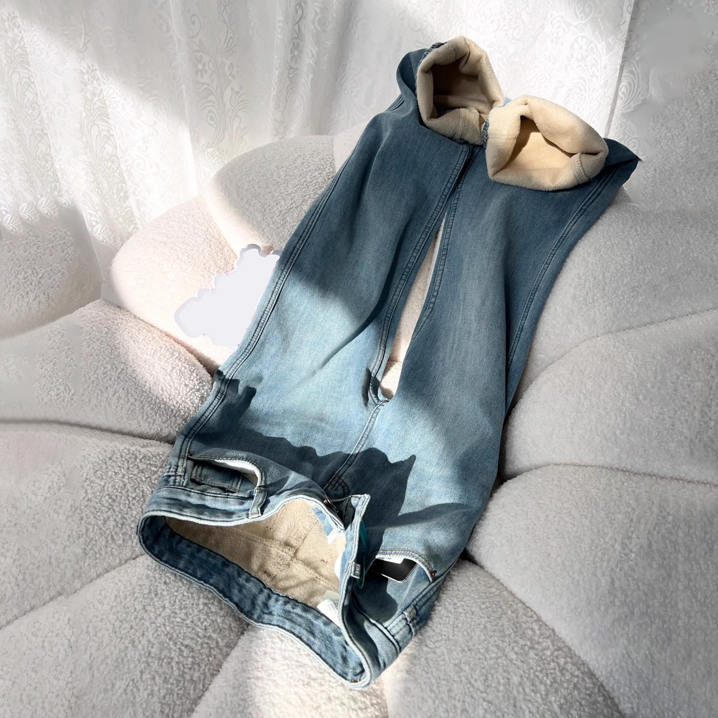 浅蓝色加绒窄版直筒牛仔裤女秋冬加厚长裤高腰显瘦垂感百搭阔腿裤