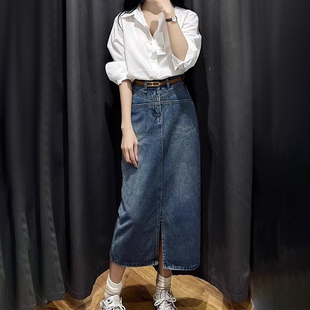 高腰开叉牛仔半身裙女春秋新款梨形身材大码遮肉显瘦中长款包臀裙