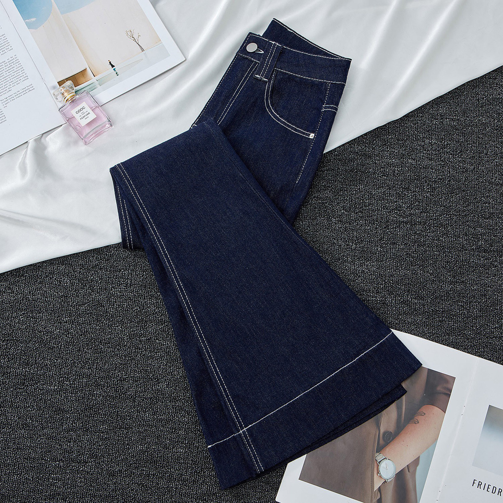 丹宁蓝九分微喇牛仔裤女款春季2025新款高腰小个子加绒弹力喇叭裤