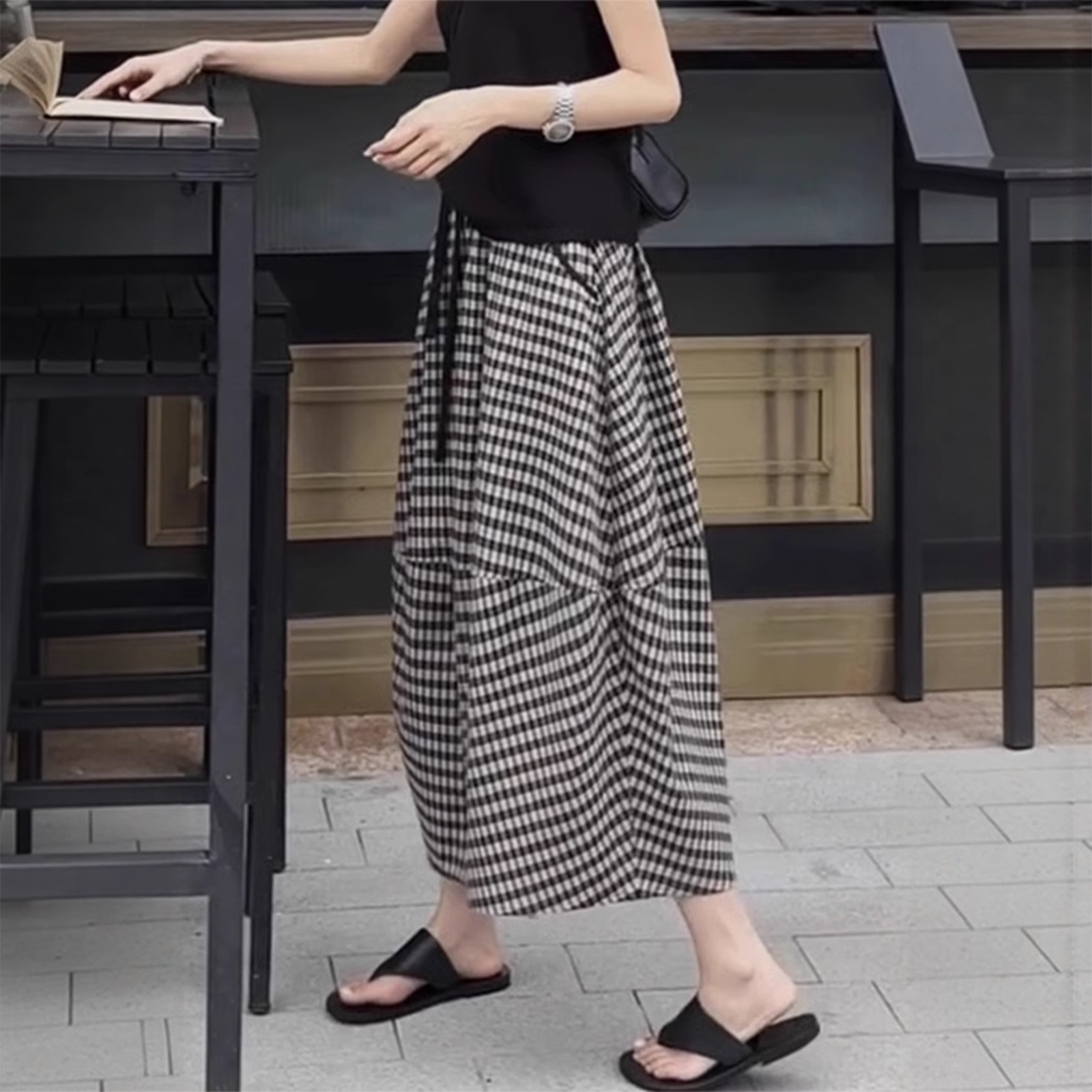 法式赫本风格子半身裙子女夏季长裙胖mm花苞裙大码不规则a字裙