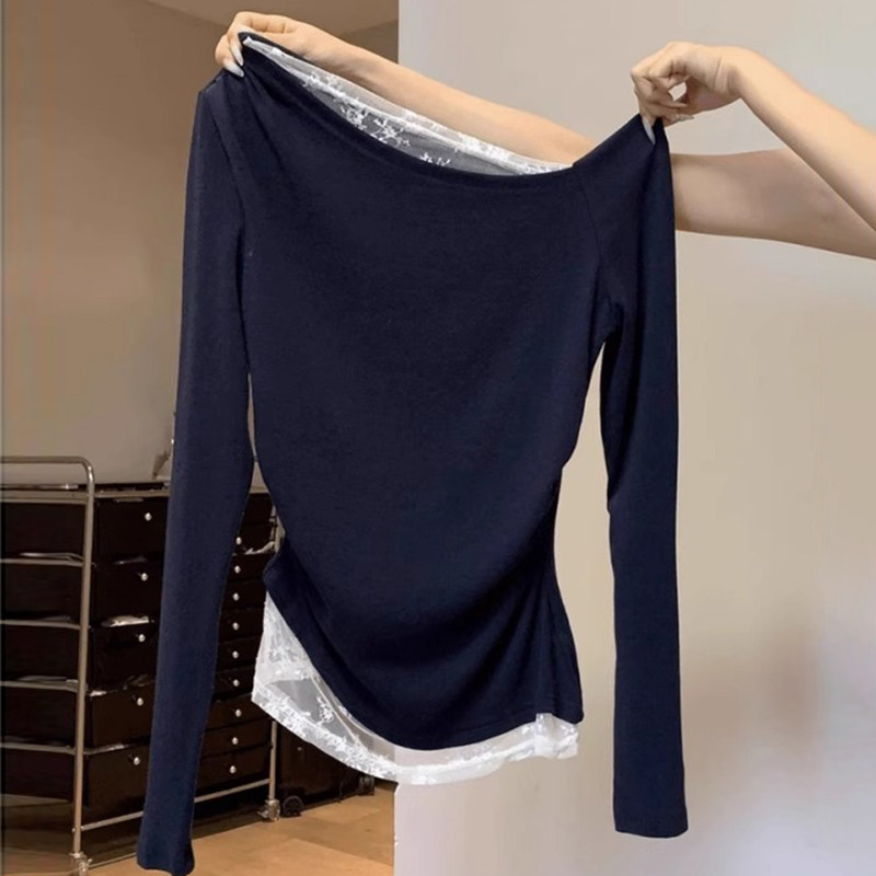 一字领纯欲蕾丝露肩长袖T恤女早秋女装2025新款修身短款斜肩上衣