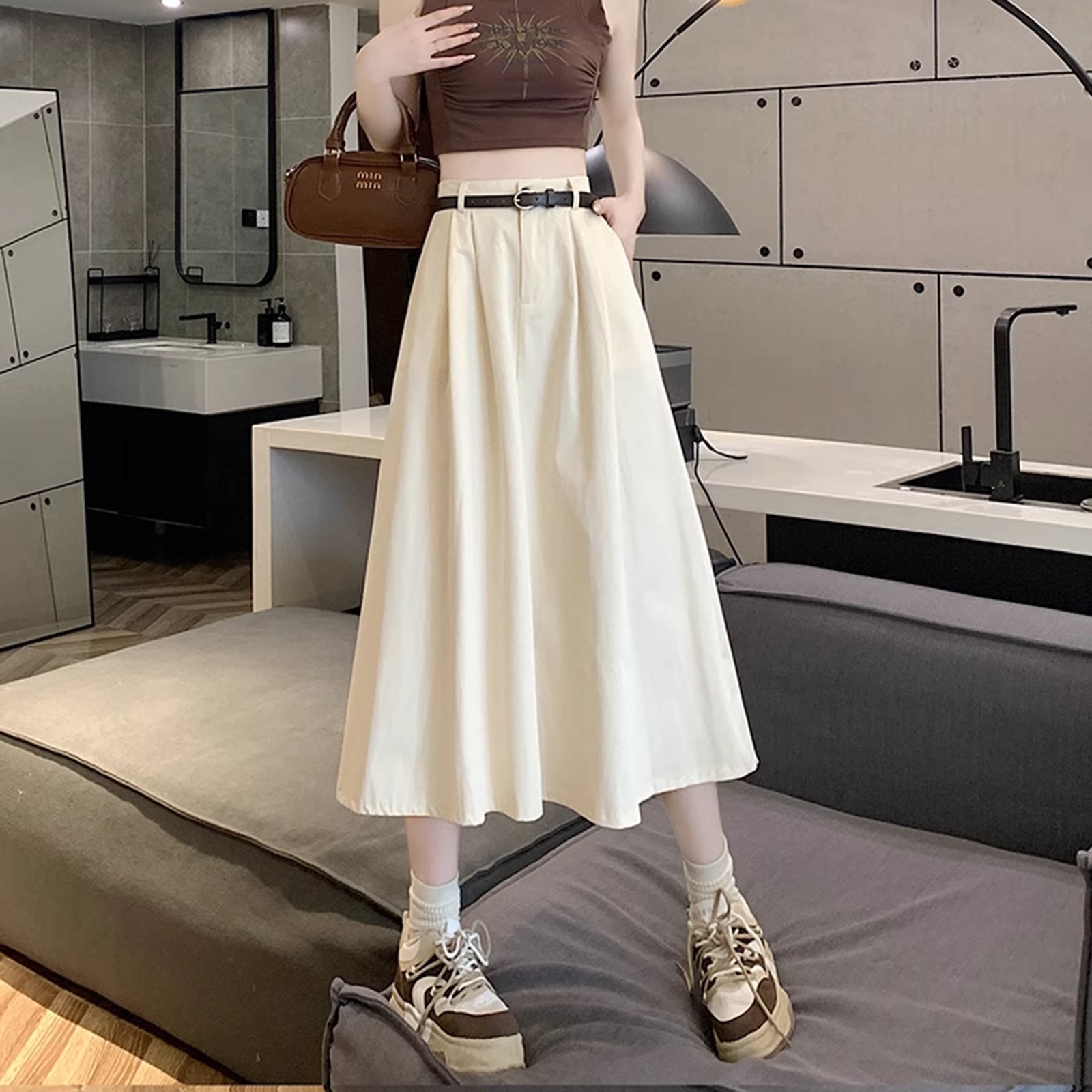 松紧腰半身裙女夏季薄款高腰显瘦a字裙小个子中长款休闲大摆裙
