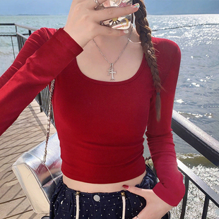 安可拉红色修身长袖t恤女春秋2025新款u领内搭打底衫巨好看上衣