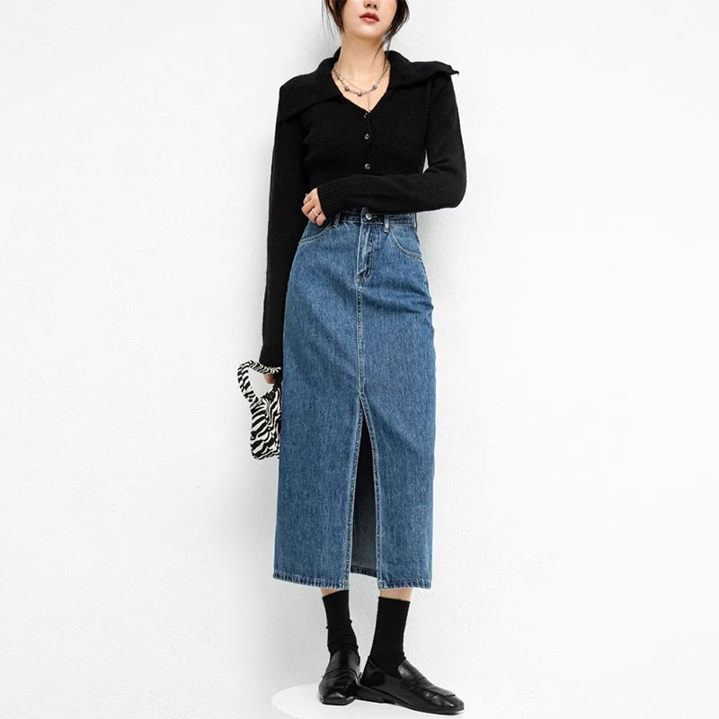 高级感牛仔半身裙女春秋新款高腰开叉a字裙气质百搭中长款