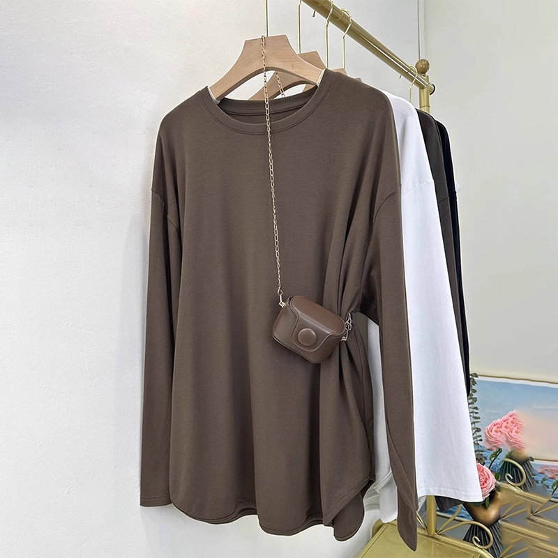 中长款欧货大版长袖T恤女春秋遮屁股内搭打底衫搭配鲨鱼裤的上衣