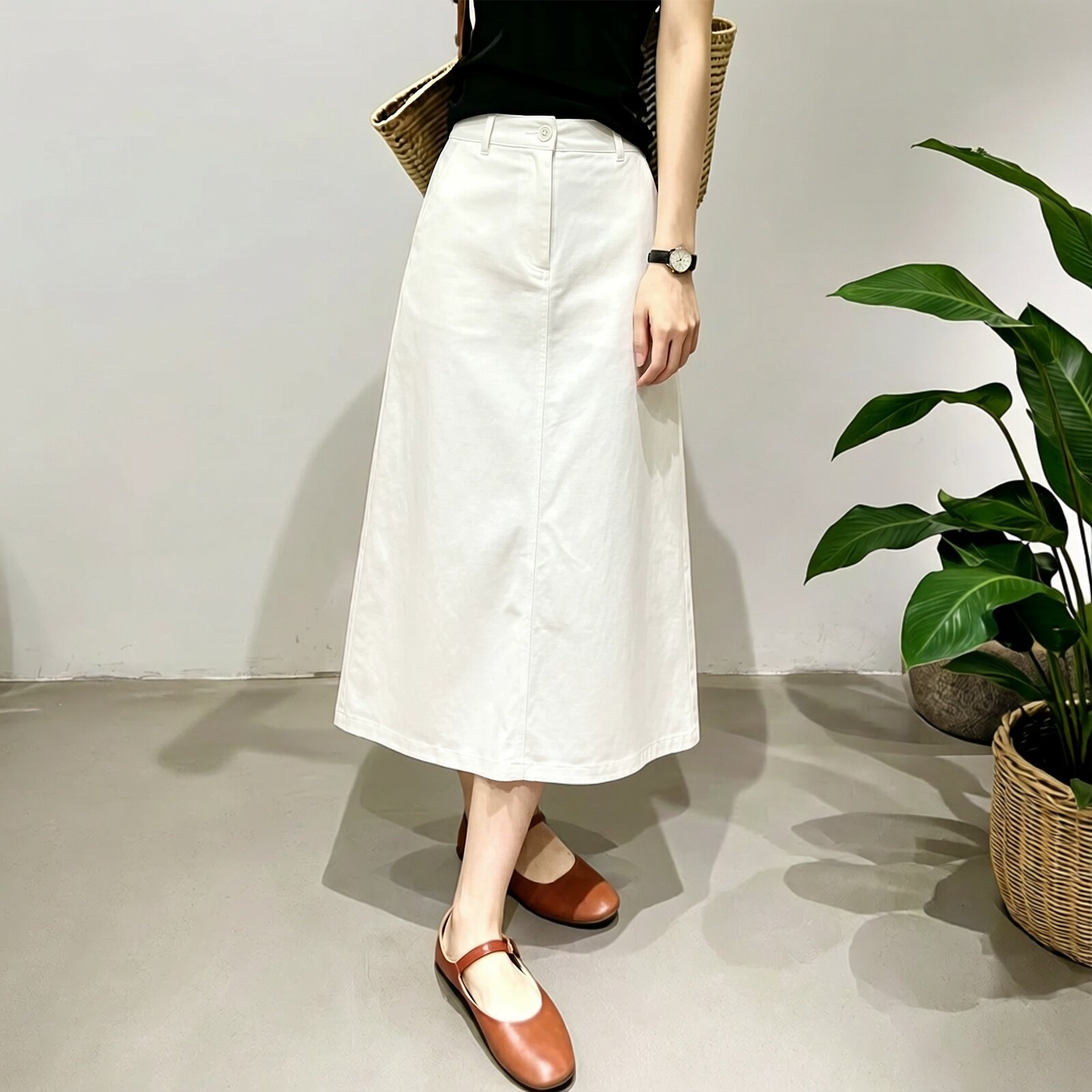 夏季卡其杏工装半身裙女高腰显瘦a字裙中长款抗皱轻量超态棉伞裙