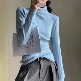 baby蓝半高领针织打底衫女春秋高级感超好看长袖毛衣修身内搭上衣