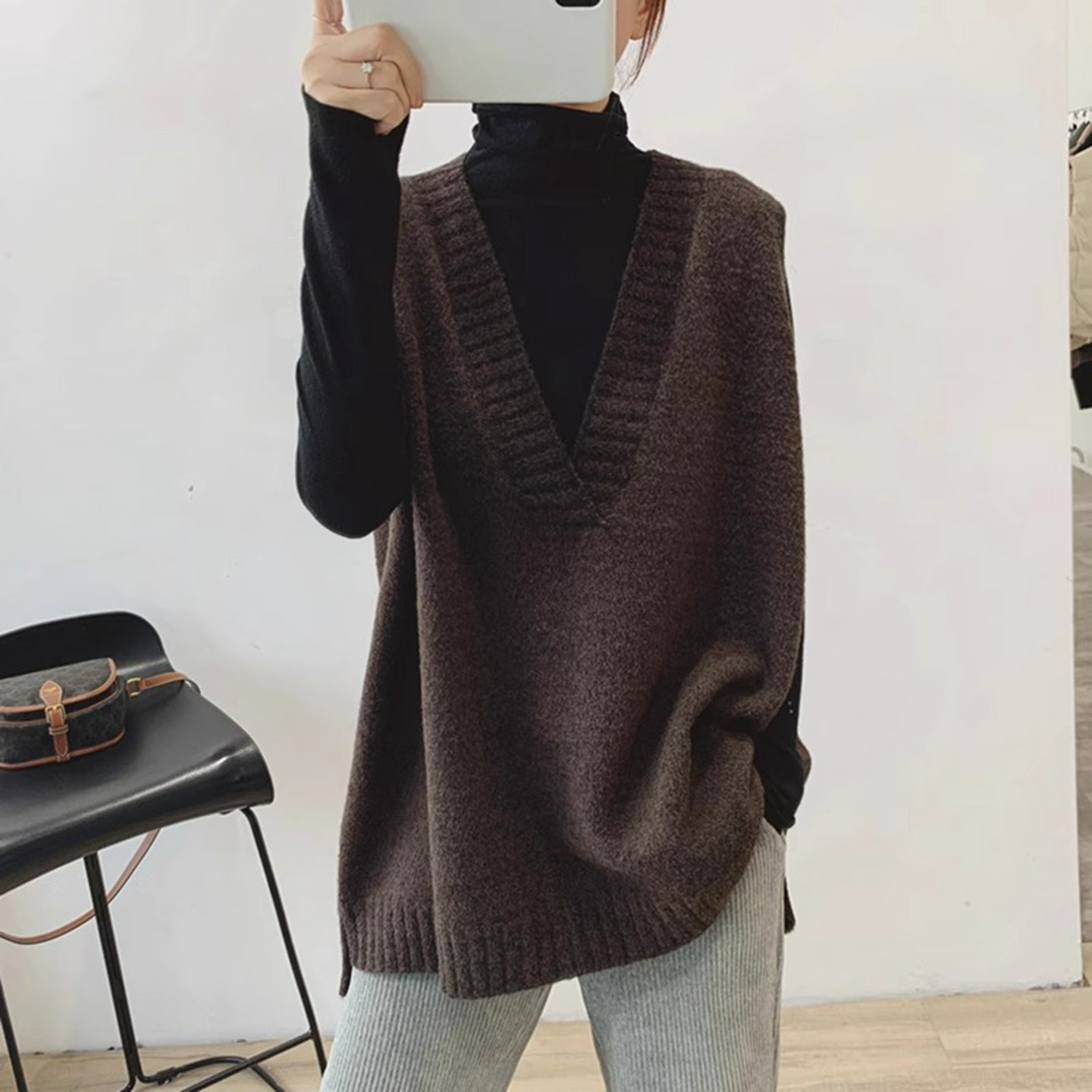 中长款V领宽松毛衣背心女秋冬韩版配高领打底衫叠穿针织马甲背心