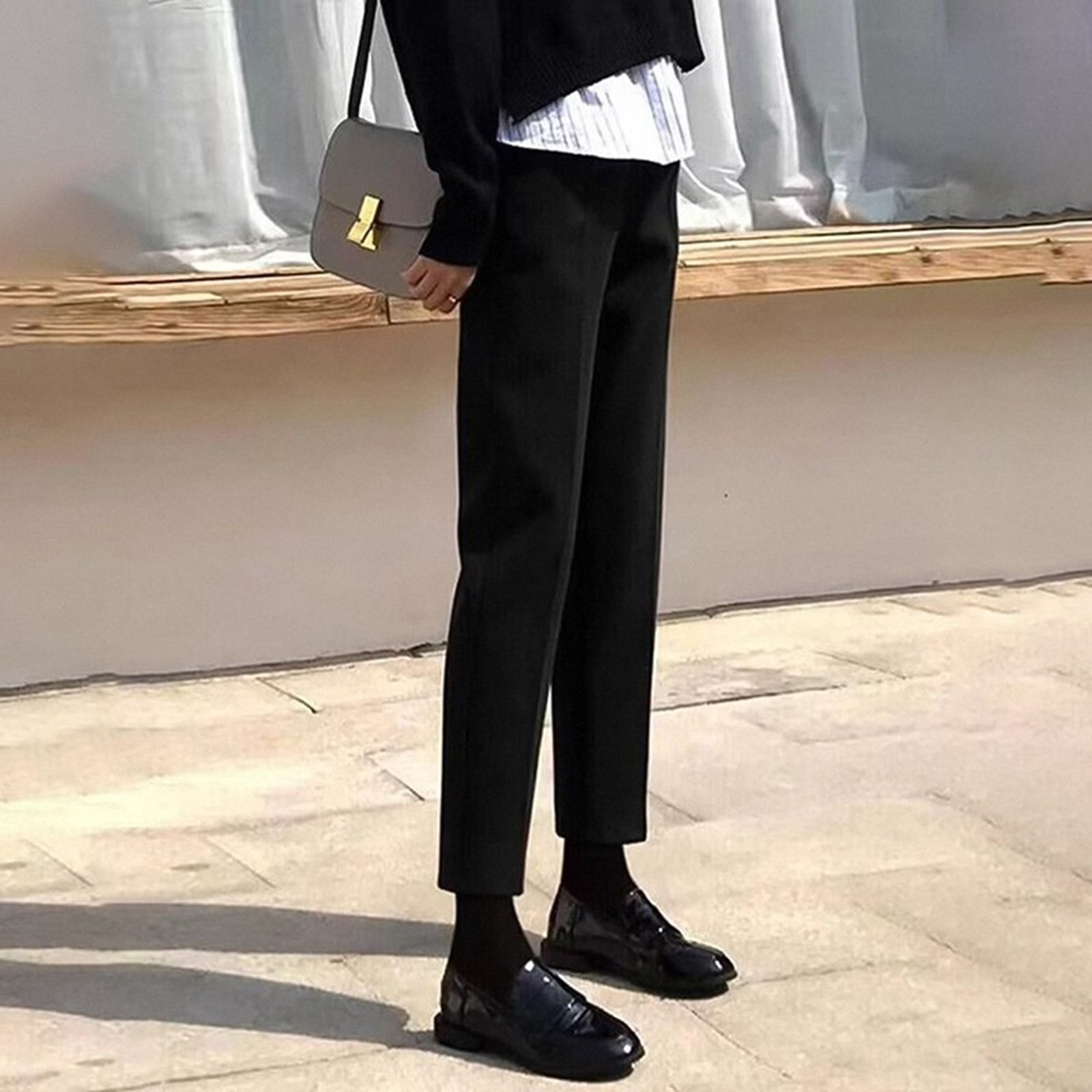 黑色西装裤女秋冬新款毛呢裤子高腰显瘦松紧腰通勤西裤九分烟管裤