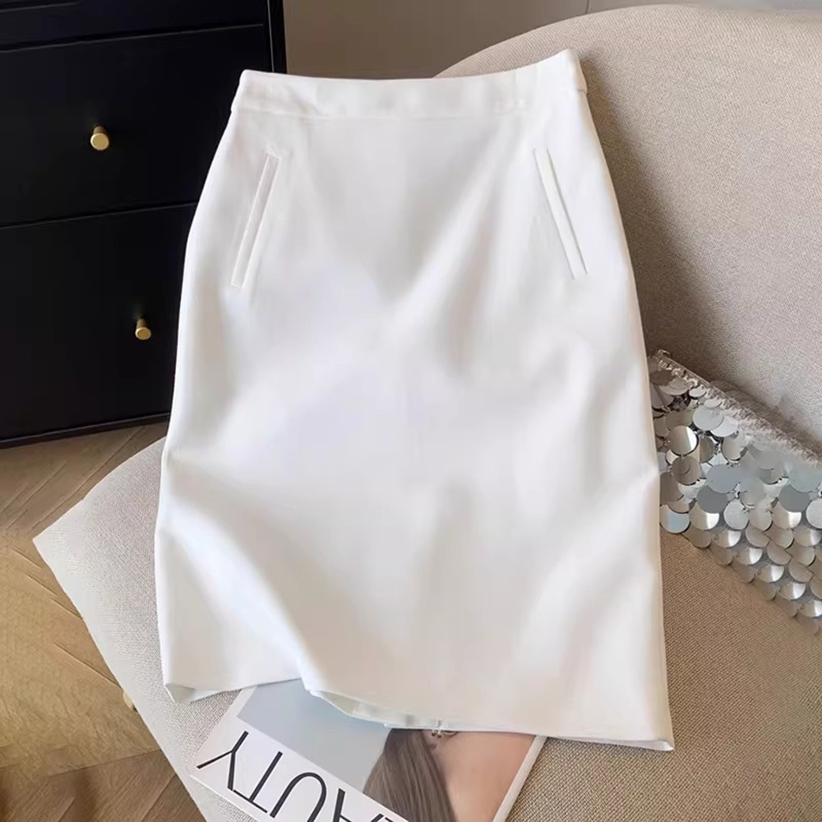 白色半身裙女春秋新款高腰开叉直筒裙气质通勤职业裙中长款包臀裙