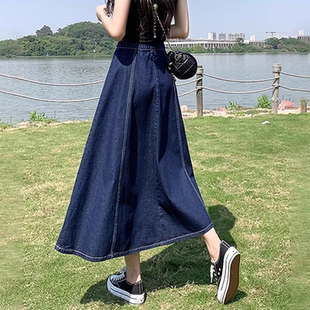松緊高腰顯瘦裙子寬松中長(zhǎng)款 a字裙 半身裙女2024秋冬新款 牛仔大碼