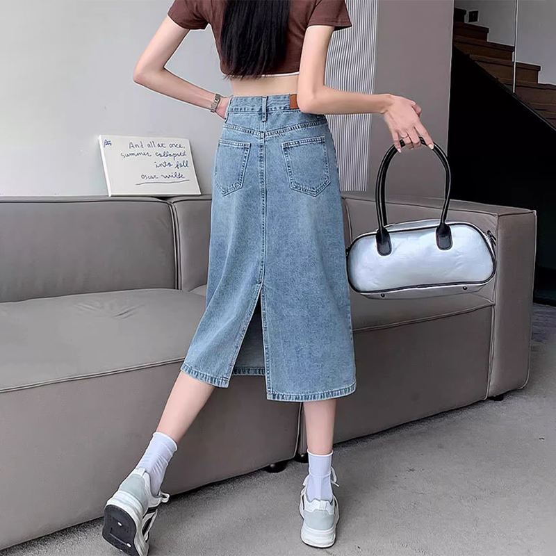 开叉高腰牛仔半身裙女春季梨形遮胯a字裙小个子显瘦中长款包臀裙