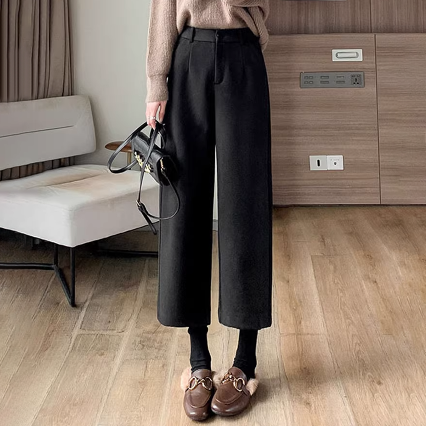 黑色毛呢阔腿裤女2025冬季新款小个子高腰宽松加绒九分直筒裤子
