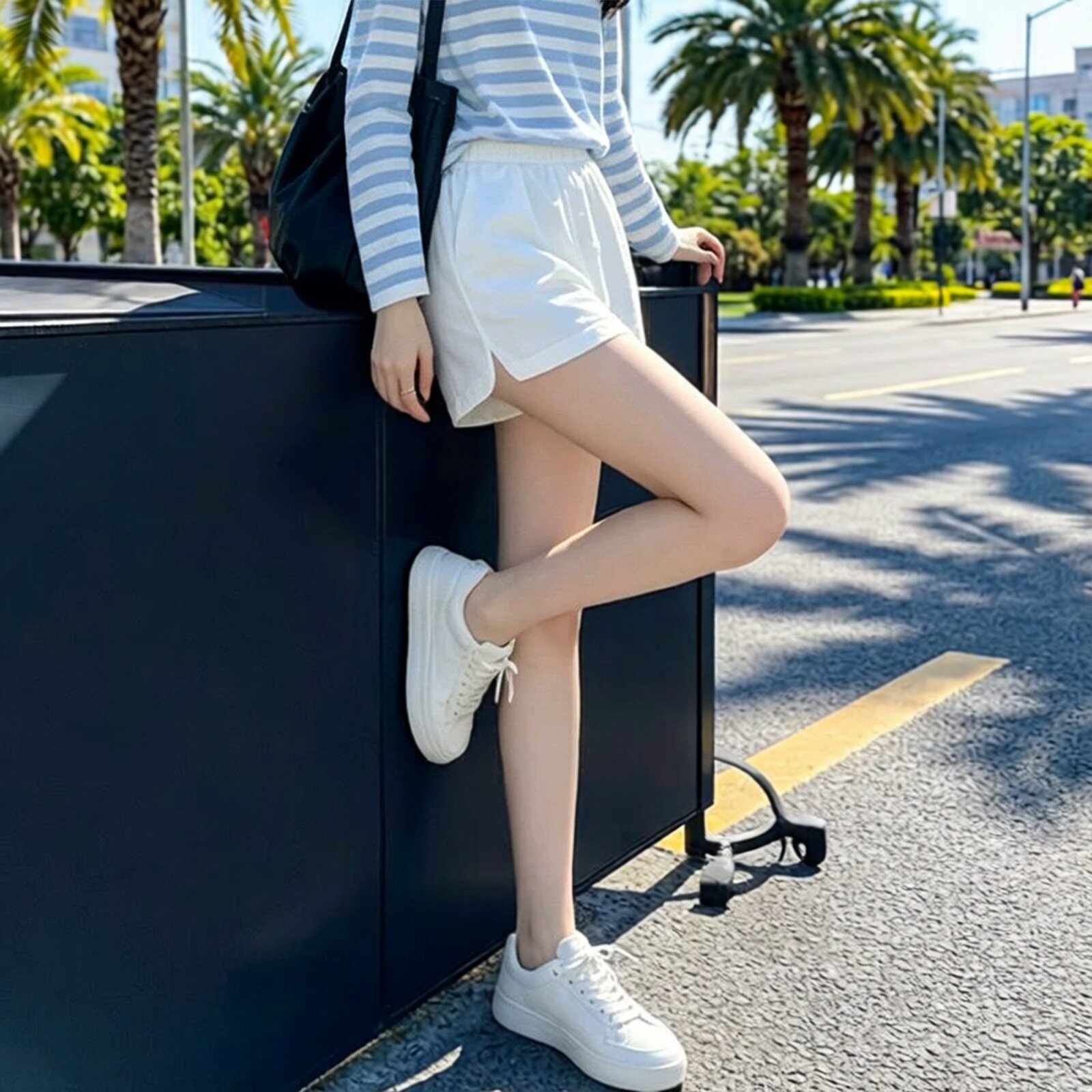 夏季松紧腰白色运动短裤女薄款外穿a字宽松冰丝老钱风棉麻阔腿裤