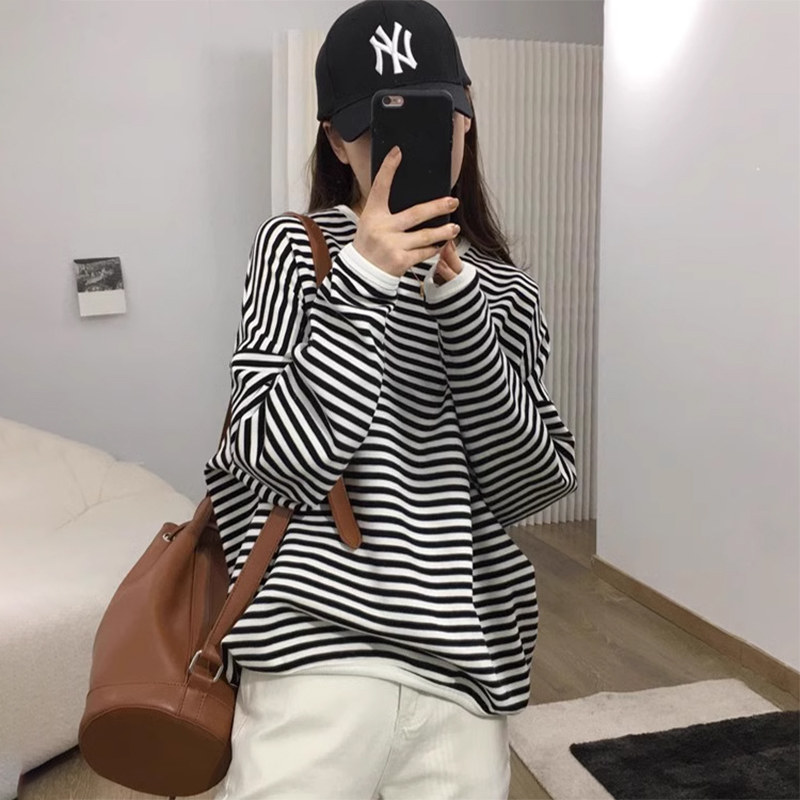 条纹圆领卫衣女2024春秋新款宽松休闲慵懒风套头上衣运动休闲外套