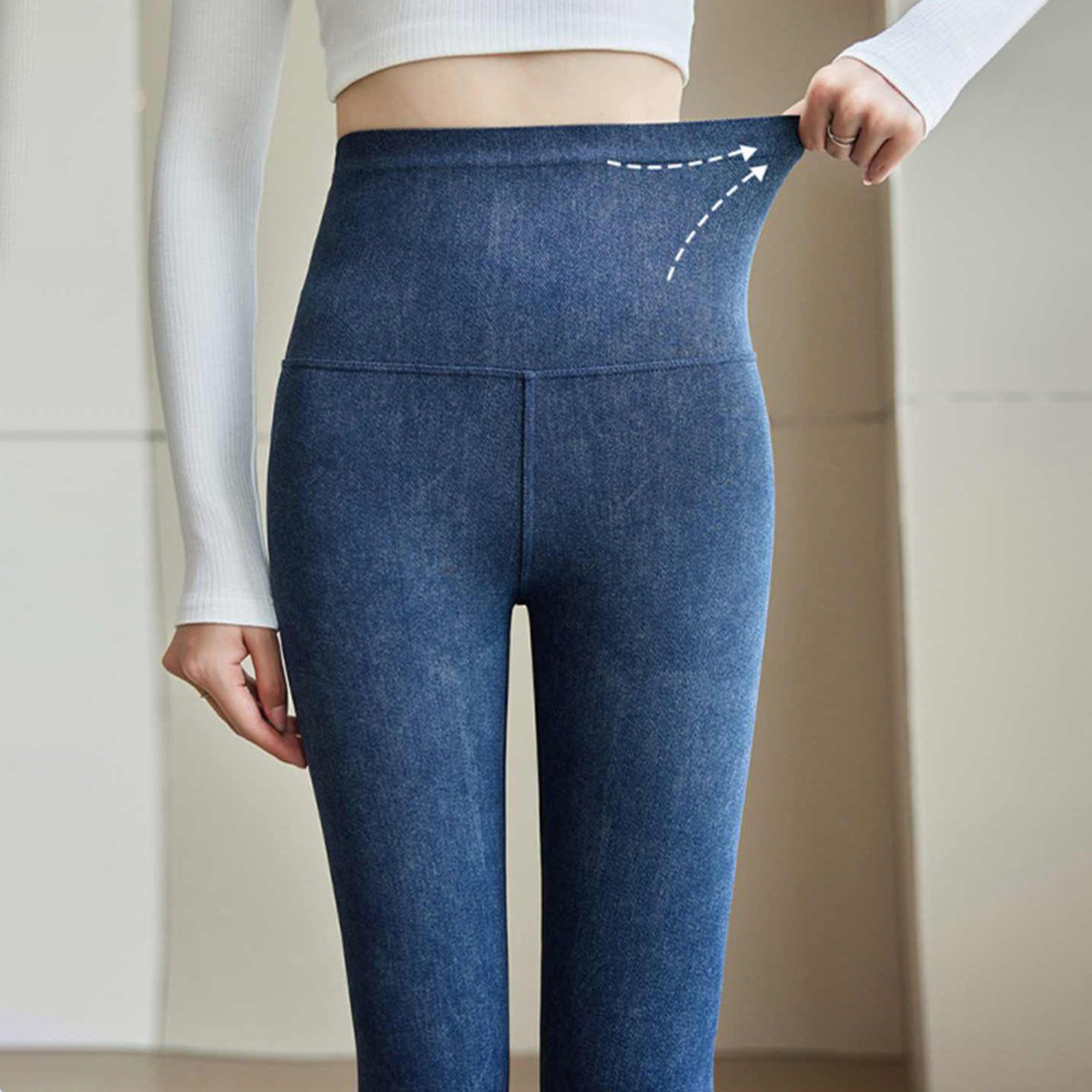 高腰牛仔鲨鱼裤女秋季款磨毛加厚弹力瘦腿铅笔魔术裤打底裤子