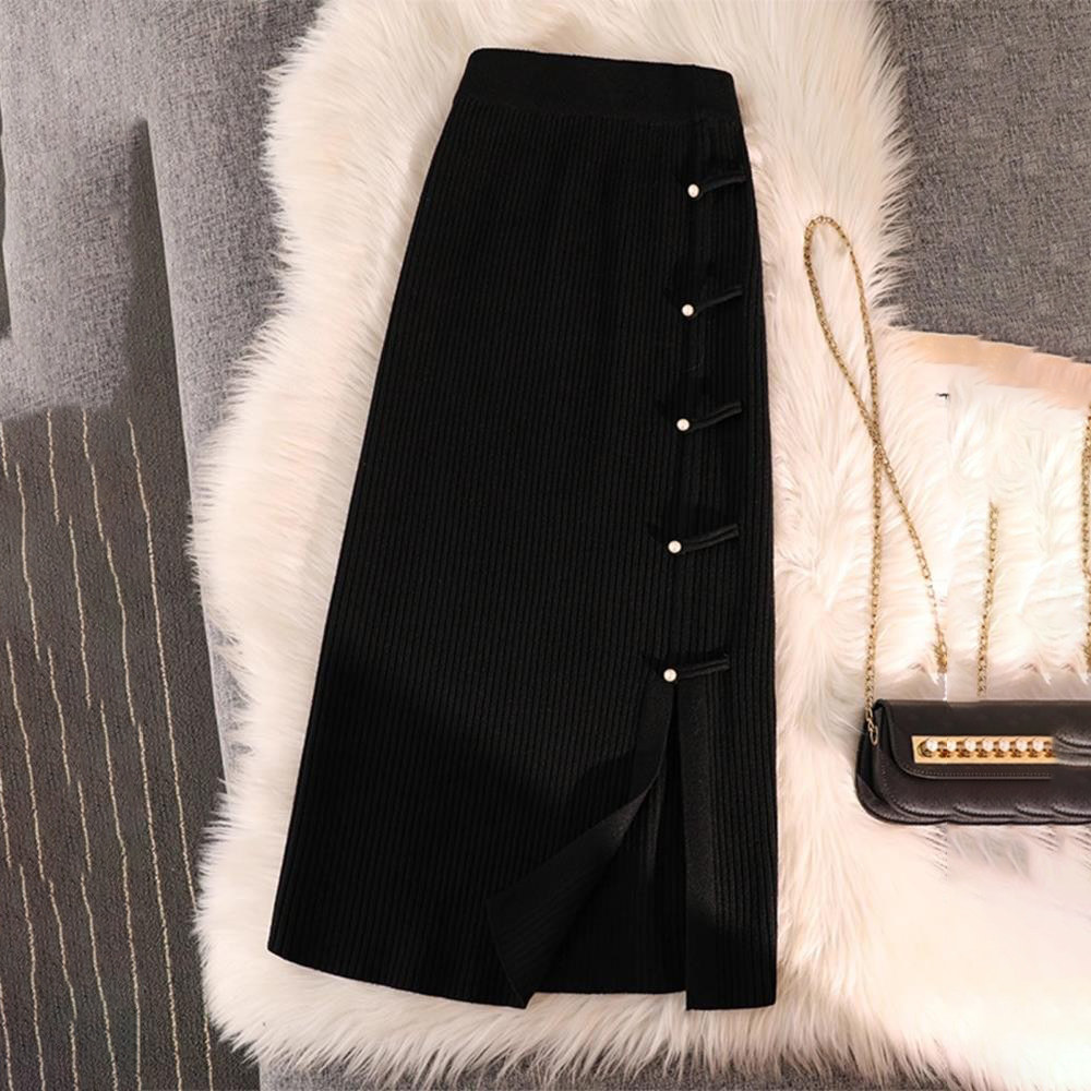 国风盘扣黑色针织半身裙女秋冬新款高腰开叉a字裙显瘦中长款裙子,女装/女士精品,半身裙,淘宝优惠券,粉丝福利购,淘宝优惠卷